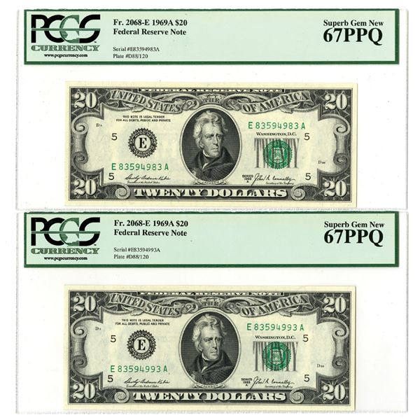 U.S. Federal Reserve Notes, $20, Series of 1969A, Fr. 2068-E, Issued Banknote Pair.