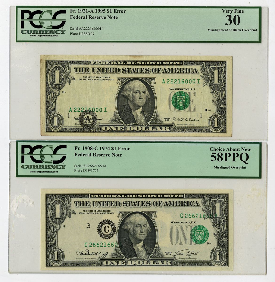 Error Bank Note U.S. Federal Reserve Notes, Error Banknote Pair - Misaligned Overprints ...