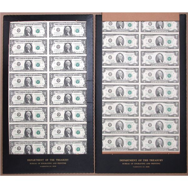 U.S. Federal Reserve Notes, $2, Series of 1976 and, $1, Series of 1988A, Uncut Sheets of 16 Note Eac