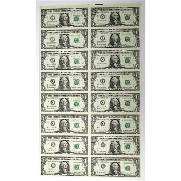 U.S. Federal Reserve Notes, Uncut sheet of 16, $1, Series of 1999, Fr#1924-E* Star / Replacement Not