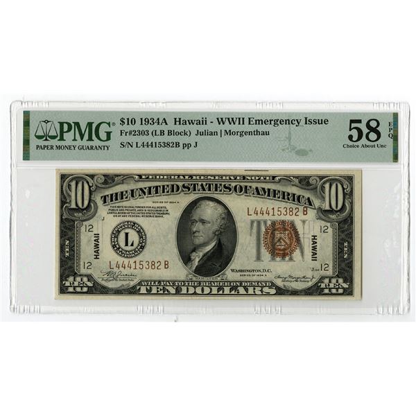 Hawaii. F.R.N., $10, 1934A Hawaii - WWII Emergency Issue, Fr#2303, Issued Banknote.