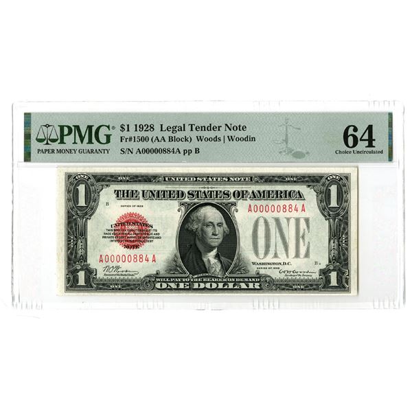 Washington D.C. Legal Tender Note, $1, Series of 1928, Issued Banknote - Low Serial #00000884.