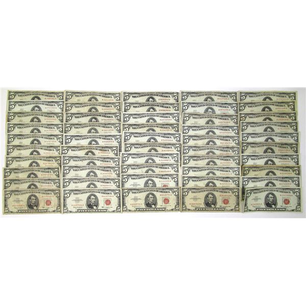 U.S. Note - Legal Tender, $5 Series of 1963, FR. 1536 Issued Group of 50 Banknotes