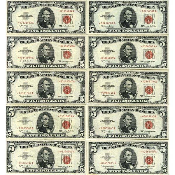 U.S. Note - Legal Tender, $5 Series of 1963, FR. 1536* Issued Group of 10 Star Notes