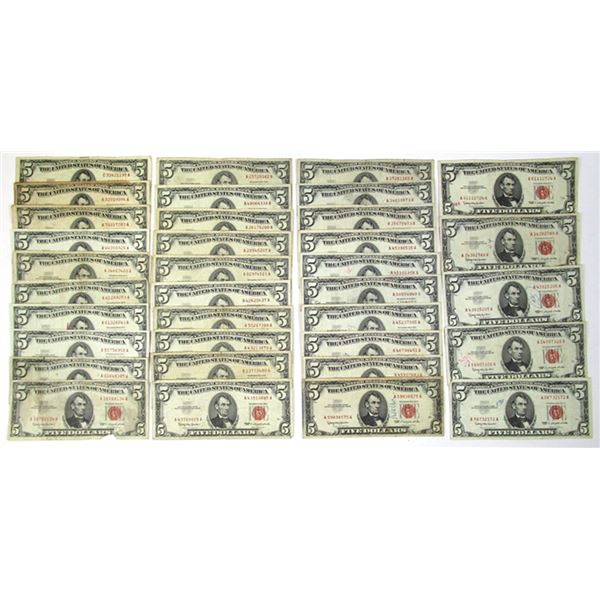 U.S. Note - Legal Tender, $5 Series of 1953 to 1963, FR#s. 1532 to 1536 Issued Group of 35 Banknotes