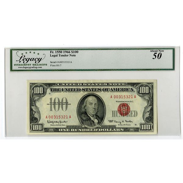Washington D.C. Legal Tender Note, $100, Series of 1966, Issued Banknote.