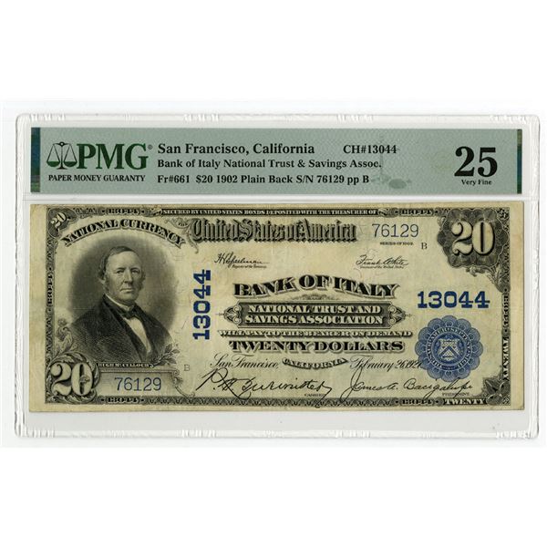 CA. Bank of Italy NTSA, San Francisco. $20, 1902 PB, Fr#661, Ch#13044 Issued Banknote.