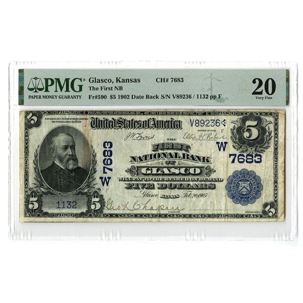 KS. First National Bank of Glasco, Kansas. $5, 1902 DB, Fr#590, Ch#7683 Issued Banknote Rarity.