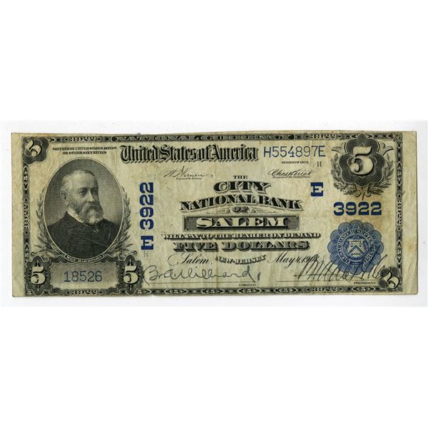 NJ. City National Bank of Salem, New Jersey, $5, Series of 1902, Ch# E-3922, Issued Banknote.
