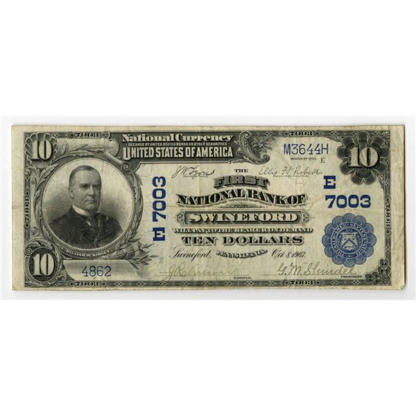 PA. First National Bank of Swineford, Pennsylvania, $10, Series of 1902, Ch# E-7003, Issued Banknote