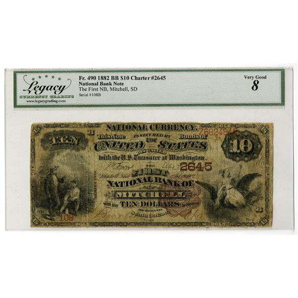 SD. First National Bank of Mitchell, South Dakota, $10 BB, Series of 1882, Ch# 2645, Issued Banknote