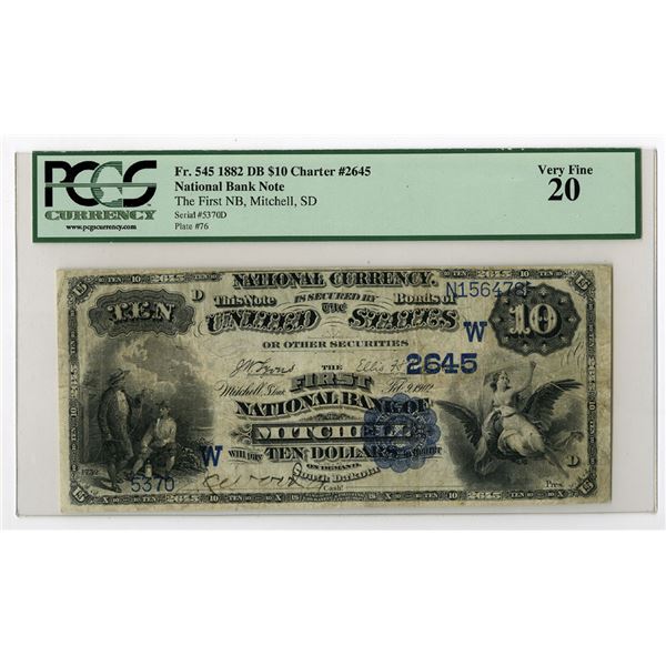 SD. First National Bank of Mitchell, South Dakota, $10 DB, Series of 1882, Ch# 2645, Issued Banknote