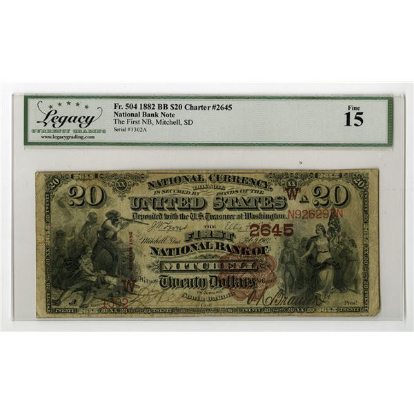 SD. First National Bank of Mitchell, South Dakota, $20 BB, Series of 1882, Ch# 2645, Issued Banknote