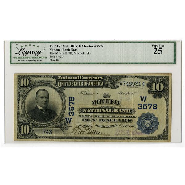 SD. Mitchell National Bank, South Dakota, $10 DB, Series of 1902, Ch# W-3578, Issued Banknote.