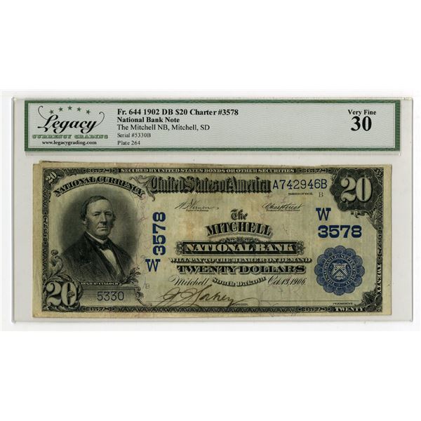 SD. Mitchell National Bank, South Dakota, $20 DB, Series of 1902, Ch# W-3578, Issued Banknote.