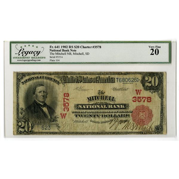 SD. Mitchell National Bank, South Dakota, $20 Red Seal, Series of 1902, Ch# 3578, Issued Banknote.