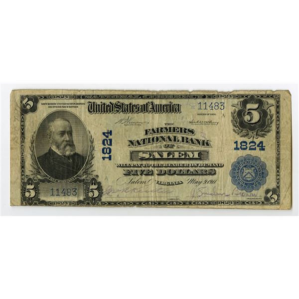 VA. Farmers National Bank of Salem, Virginia, $5, Series of 1902, Ch# 1824, Issued Banknote.