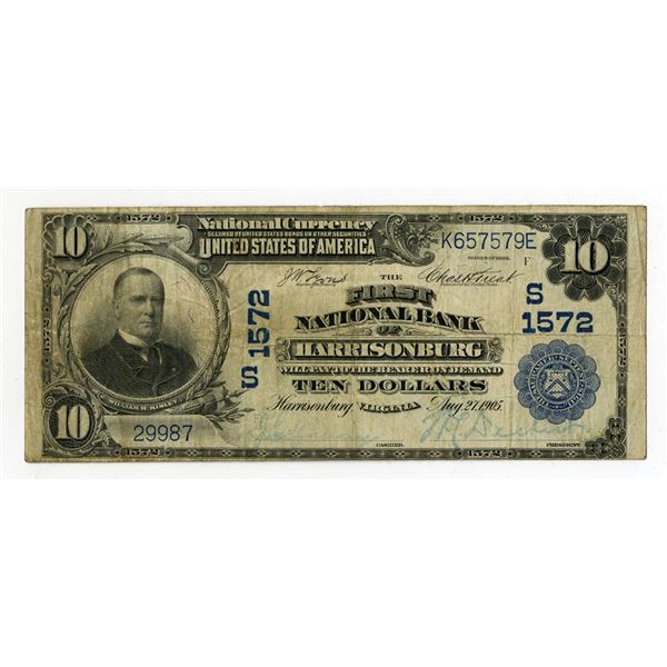 VA. First National Bank of Harrisonburg, Virginia, $10, Series of 1902, Ch# S-1572, Issued Banknote.