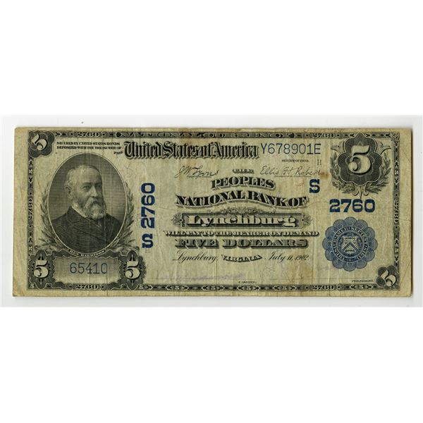 VA. Peoples National Bank of Lynchburg, Virginia, $5 , Series of 1902, Ch# S-2760, Issued Banknote.