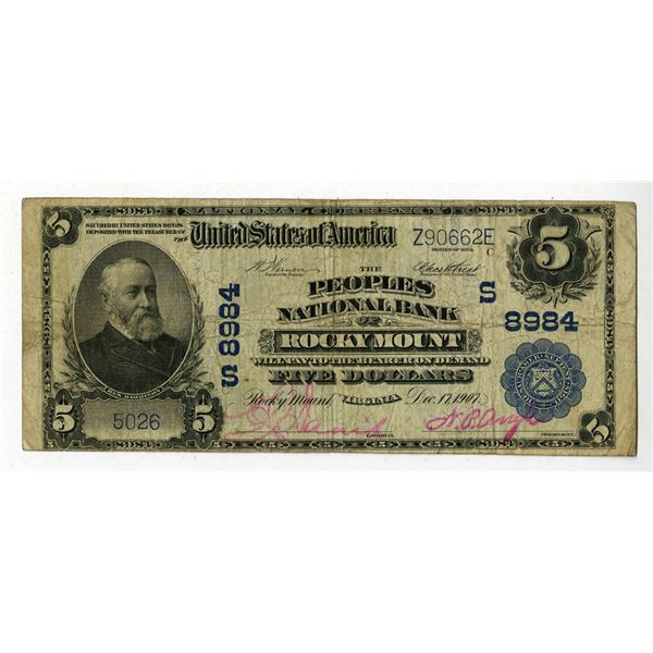 VA. Peoples National Bank of Rocky Mount, Virginia, $5, Series of 1902, Ch# S-8984, Issued Banknote.