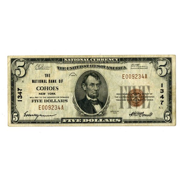 NY. National Bank of Cohoes, New York. $5 Series of 1929 TI, Ch#1347, Issued Banknote