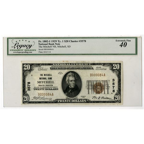 SD. Mitchell National Bank, South Dakota, $20, Series of 1929, T1, Ch# 3578, Issued Banknote.