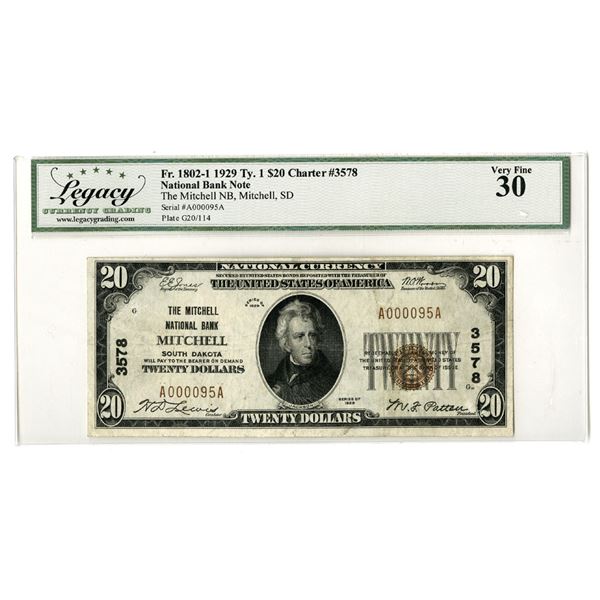 SD. Mitchell National Bank, South Dakota, $20, Series of 1929, T1, Ch# 3578, Issued Banknote.