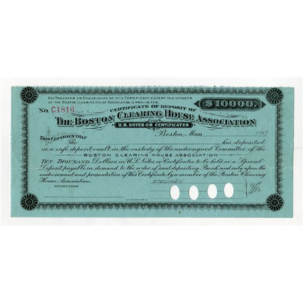 MA. Boston Clearing House Association, ND (1907) $10,000, Specimen Panic Currency Inter Bank CD.