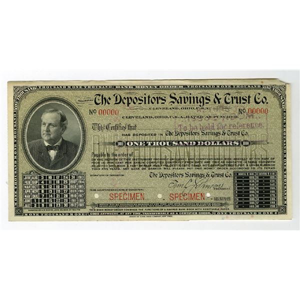OH. Depositors Savings & Trust Co., 1907 $1000, Specimen Panic Currency or Clearing House Related Ce