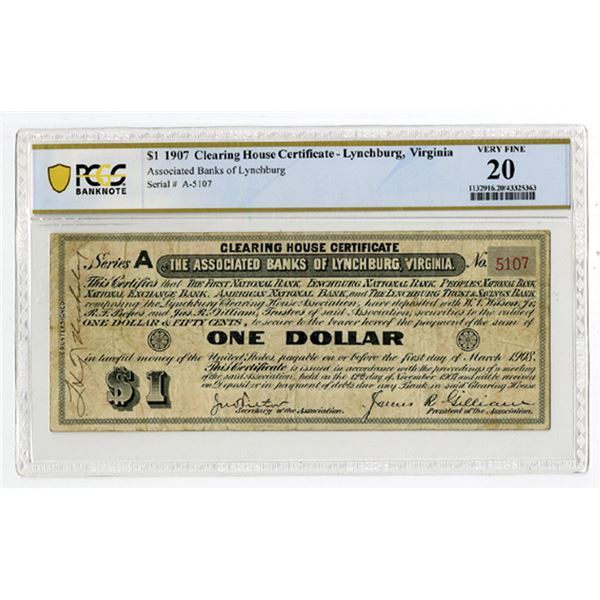 VA. The Associated Banks of Lynchburg, Virginia, 1907, $1, Clearing House Certificate