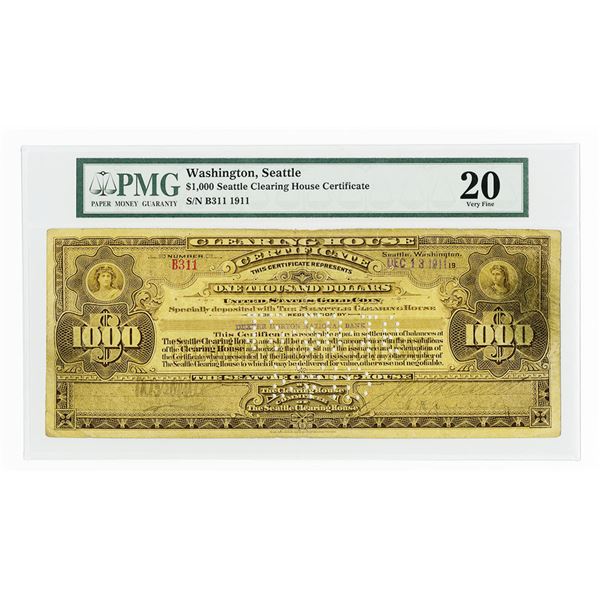 WA. Seattle Clearing House Association, $1000 I/C Certificate, 1911