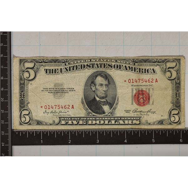1953 US $5 STAR NOTE RED SEAL