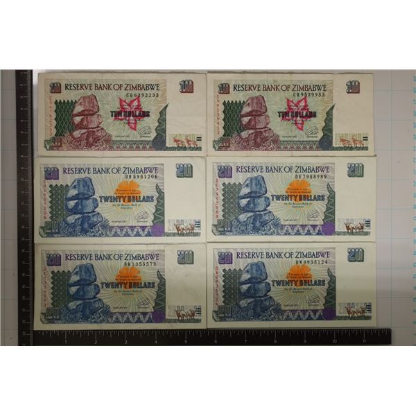 6-1997 BANK OF ZIMBABWE BILLS 2-$10 & 4-$20