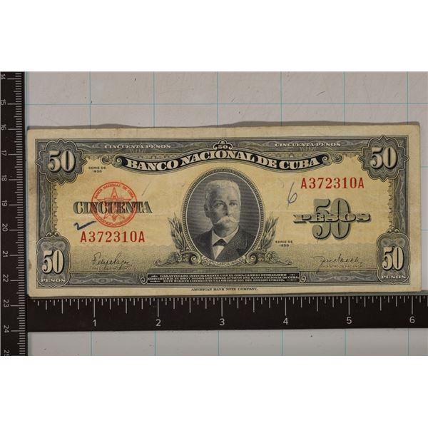 1950 CUBA 50 PESO BILL INK ON THE OBVERSE
