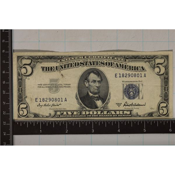 1953-A US $5 SILVER CERTIFICATE BLUE SEAL