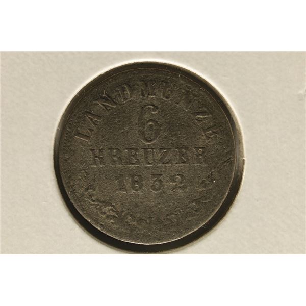 1832 LANDMUNZE GERMAN SILVER 6 KREUZER .0278