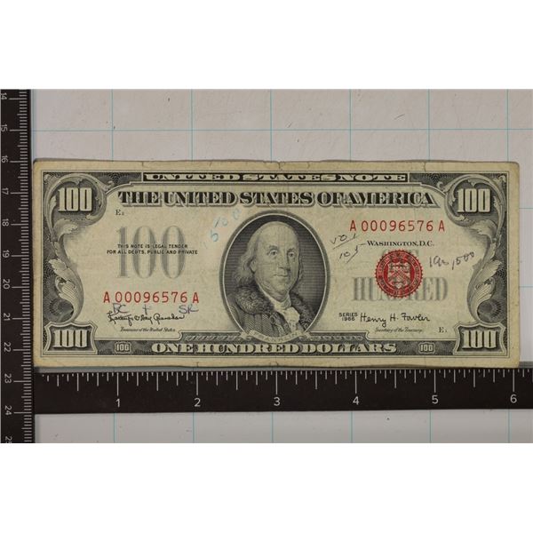 1966 US $100 BILL RED SEAL INK ON OBVERSE & REV.