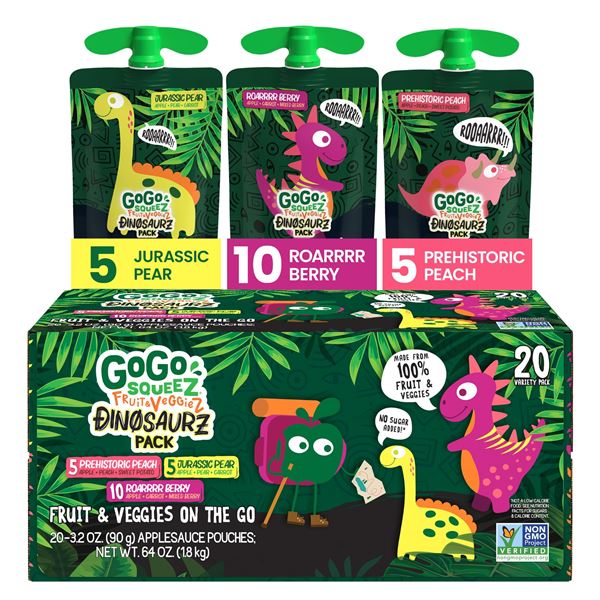 NEW 20 X 90G GOGO SQUEEZ FRUIT & VEGGIEZ DINOSAURZ