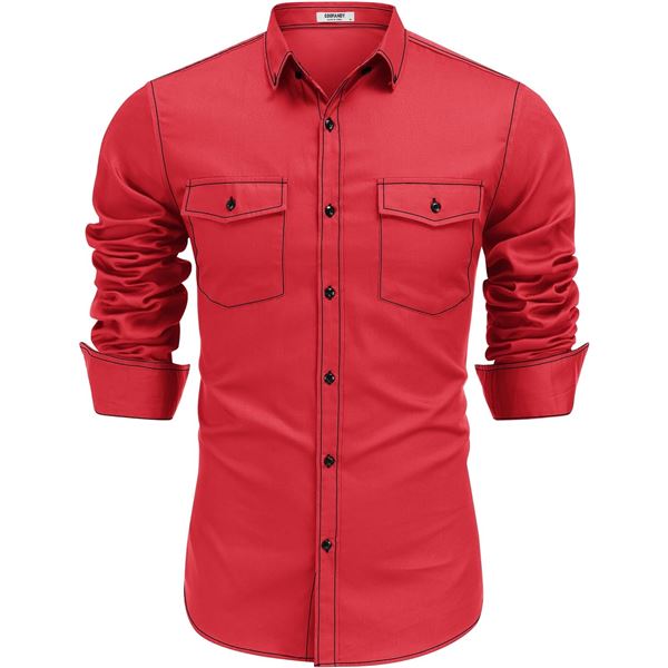 NEW COOFANDY MENS COTTON DRESS SHIRT RED MEDIUM
