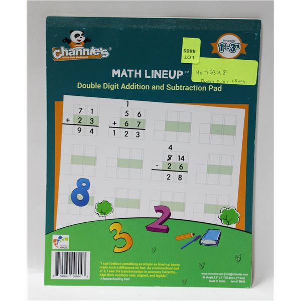 NEW CHANNIES MATH LINEUP DOUBLE DIGIT + & - BOOK