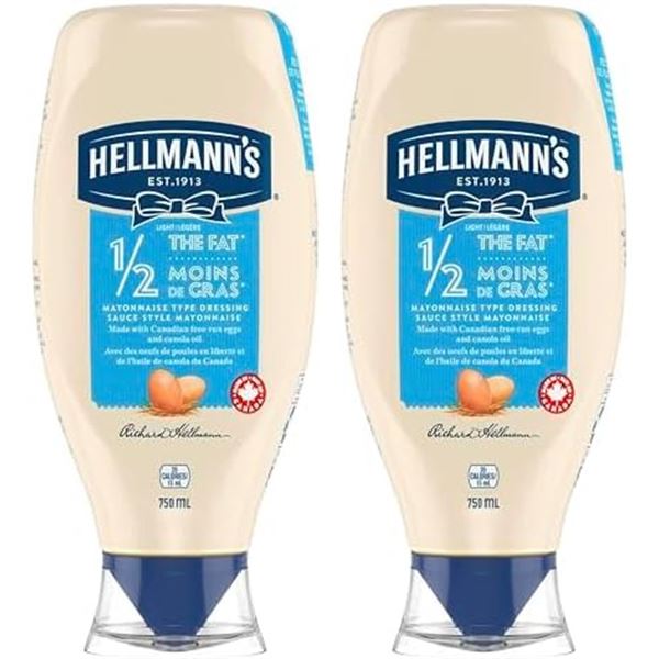 NEW 2 X 750ML HELLMANNS HALF FAT MAYO DRESSING
