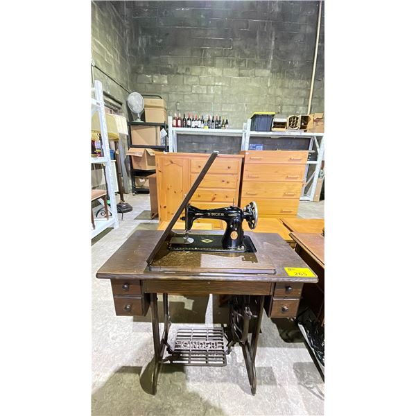 SINGER TREADLE SEWING MACHINE ON SINGER SEWING TABLE