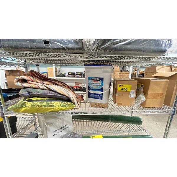 SHELF OF ASSORTED ITEMS, INCLUDING: RAGS, PILLOWS, LIGHTS & MORE