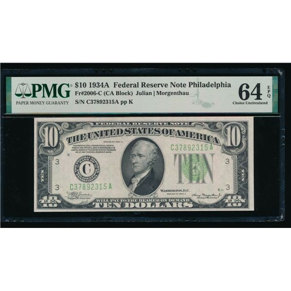1934A $10 Philadelphia FRN PMG 64EPQ