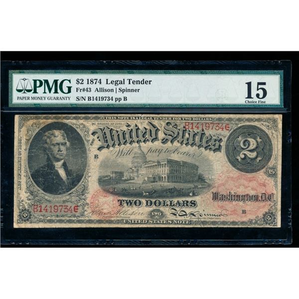 1874 $2 Legal Tender Note PMG 15