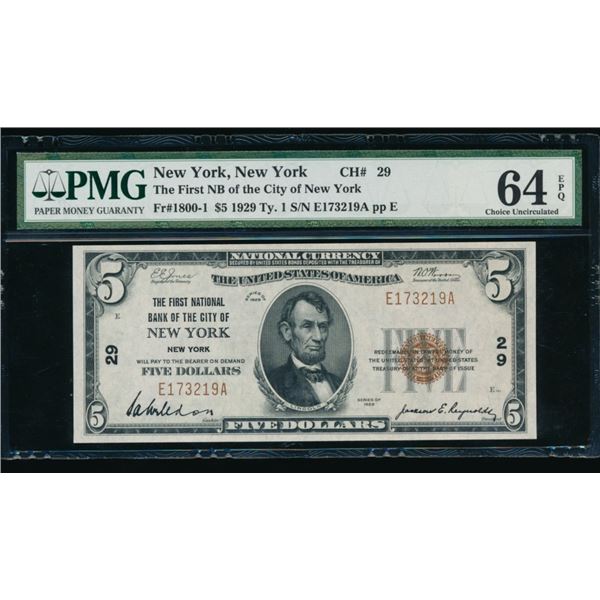 1929 $5 New York NY National PMG 64EPQ