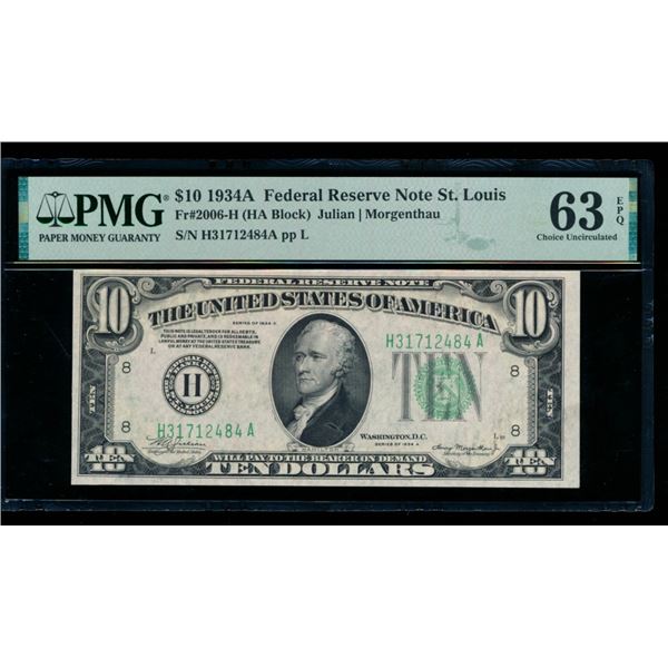1934A $10 St Louis FRN PMG 63EPQ
