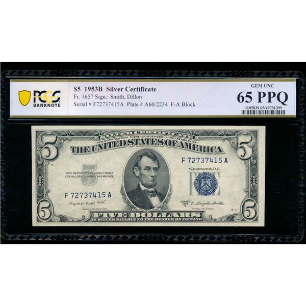1953B $5 Silver Certificate PCGS 65PPQ