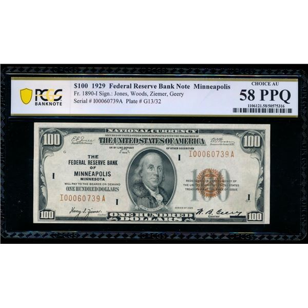 1929 $100 Minneapolis FRBN PCGS 58PPQ