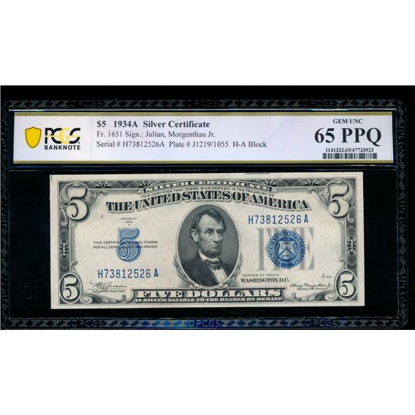 1934A $5 Silver Certificate PCGS 65PPQ